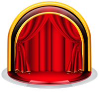 a stage with red curtains 